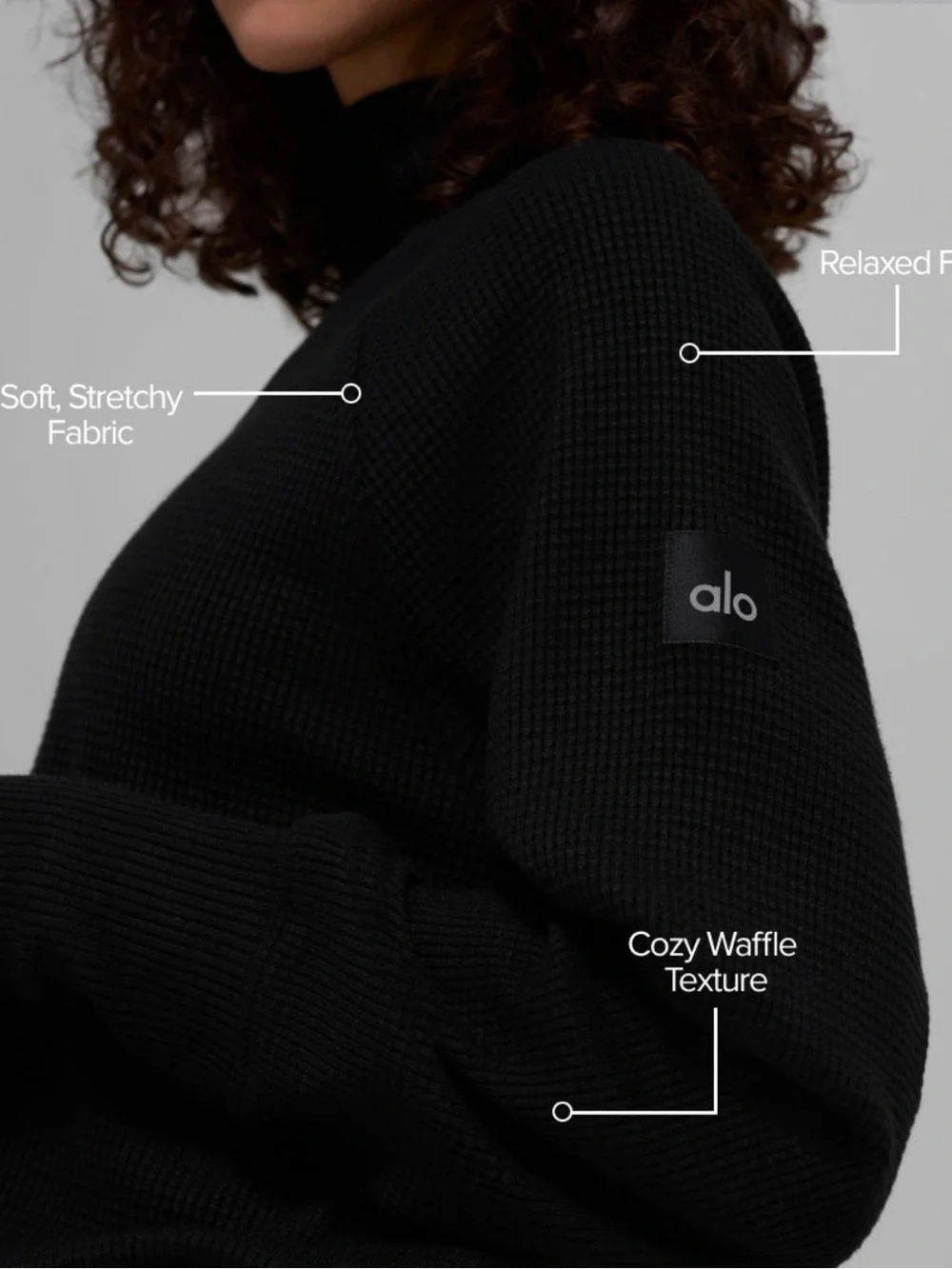 ALO Waffle Weekend Black Mock Neck Cozy Sweater